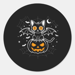 Pegatina Redonda Murciélago Halloween _ Gato Negro Alas de Murciéla