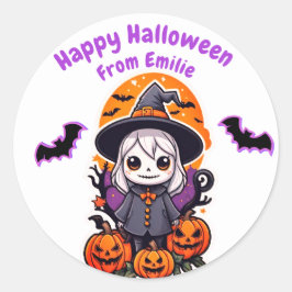 Pegatina Redonda Murciélago morado y calabaza Halloween