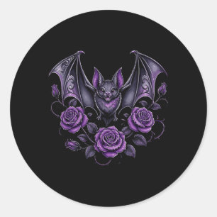 Pegatina Redonda Murciélago vampiro con rosas púrpuras estética gót