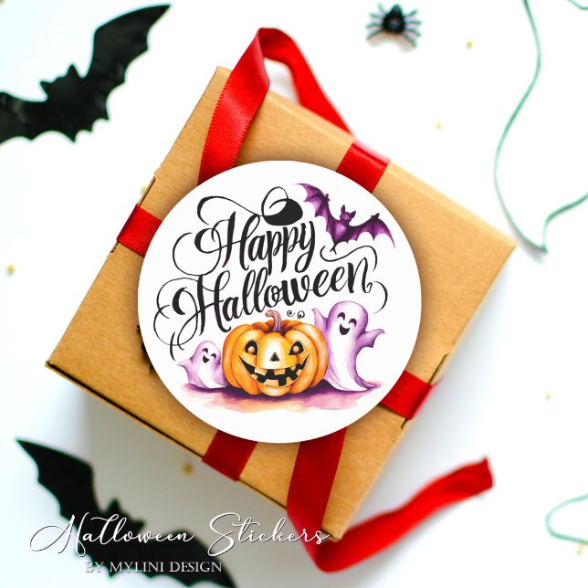 Pegatina Redonda Murciélagos Divertidos Fantasmas y Calabaza Feliz  (Subido por el creador)