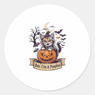 Pegatina Redonda Murciélagos Gatos Calabazas Halloween Bruja Gato E