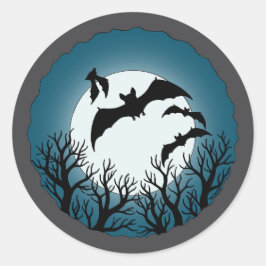 Pegatina Redonda Murciélagos y árboles contra la luna