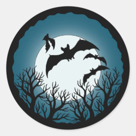 Pegatina Redonda Murciélagos y árboles contra la luna