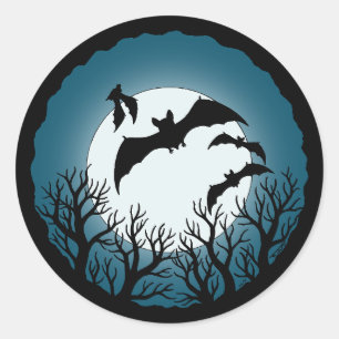 Pegatina Redonda Murciélagos y árboles contra la luna