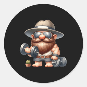 Pegatina Redonda Muscleman Gnome Con Dumbbels Funny Fitness Worki