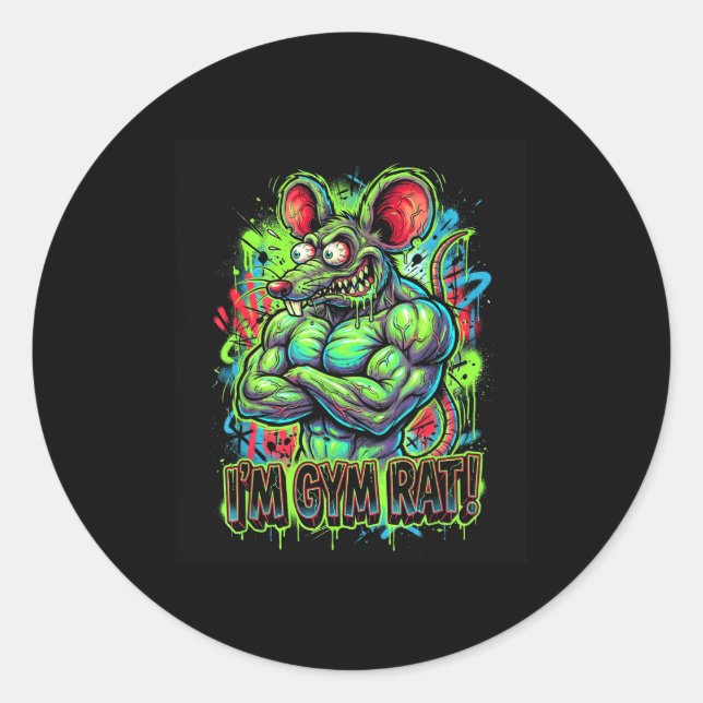 Pegatina Redonda Muscular Gym Rat Bodybuilder Graffiti Workout Fitn (Anverso)