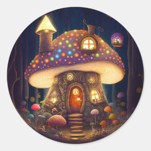 Pegatina Redonda Mushroom House Fantasy Art