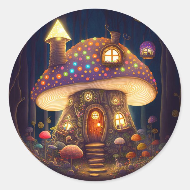 Pegatina Redonda Mushroom House Fantasy Art (Anverso)