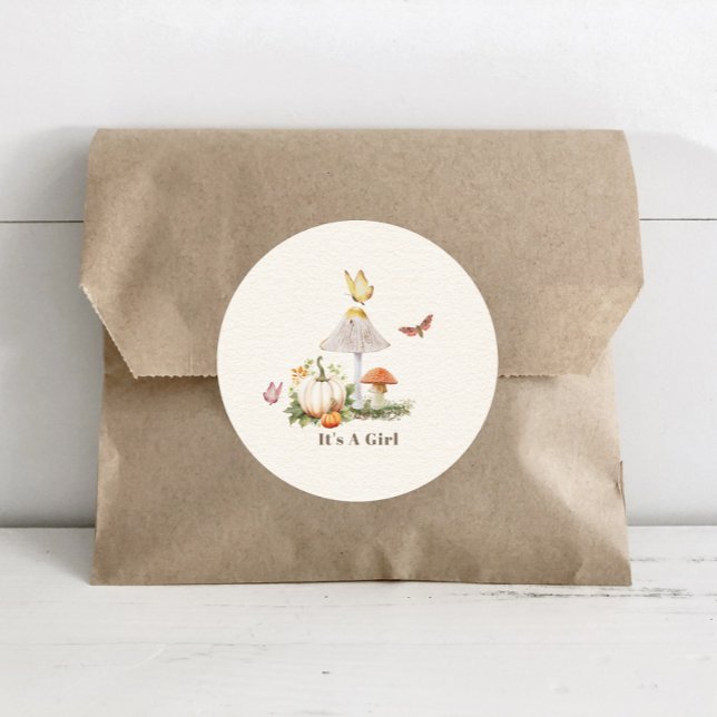 Pegatina Redonda Mushroom Pumpkin Butterfly Woodland Baby Shower (Subido por el creador)