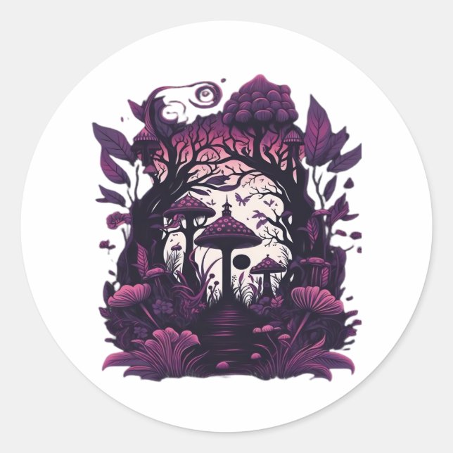 Pegatina Redonda Mushroom Woods Whimsigoth Witchy Screenprint Diseñ (Anverso)