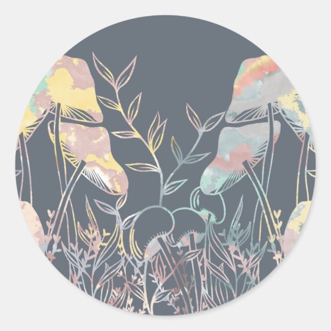 Pegatina Redonda Mushrooms acuarcolor (Anverso)
