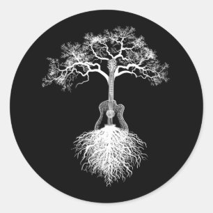 Pegatina Redonda Música de árbol natural del guitarrista acústico
