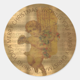 Pegatina Redonda Música de hojas de cosecha de vintage y Navidades