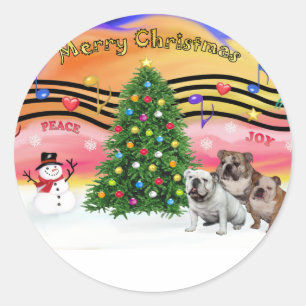 Pegatina Redonda Música de Navidad 2 - Bulldogs Ingleses (tres)