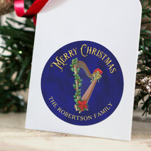 Pegatina Redonda Música de Navidad elegante Arpa Personalizada