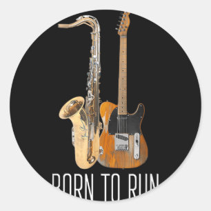 Pegatina Redonda Música de saxofón Vintage Born to Run Amp Guitarra