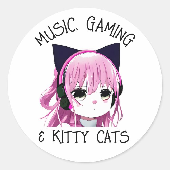 Pegatina Redonda Música, juegos y Chica de Anime Gato Gatito Gatito (Anverso)