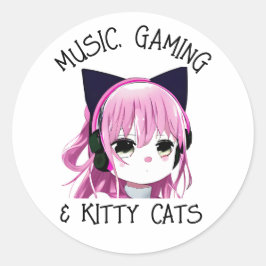 Pegatina Redonda Música, juegos y Chica de Anime Gato Gatito Gatito