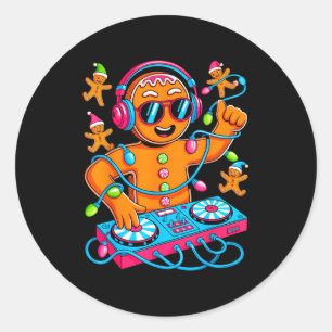 Pegatina Redonda Música Retro de Navidad Casa Pan de Jengibre Dj Te
