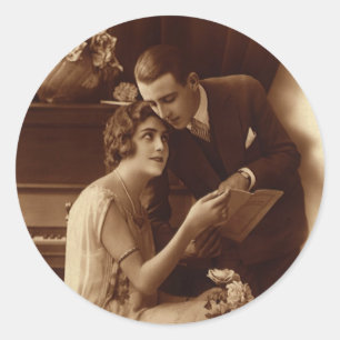 Pegatina Redonda Música Romántica Vintage, Amantes del Amor y el Ro