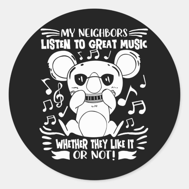 Pegatina Redonda Músico de niños armónicos Koala con Harmonica (Anverso)