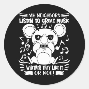 Pegatina Redonda Músico de niños armónicos Koala con Harmonica