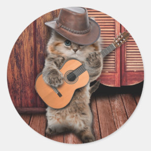 Pegatina Redonda Músico de vaquero de Gato Occidental con guitarra