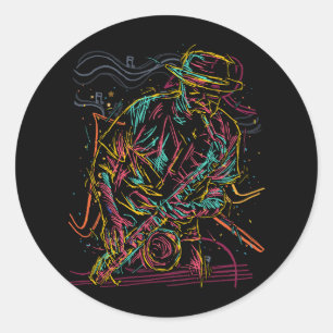 Pegatina Redonda Músico saxofonista de jazz Idea música saxofónica