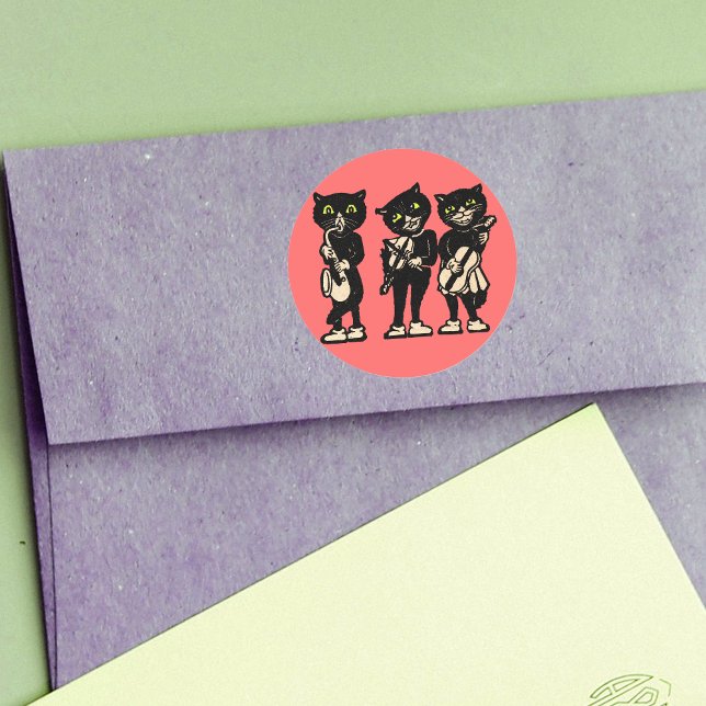 Pegatina Redonda Músico Vintage Black Cats (Three black cat musicians playing music on bright salmon colour round stickers.)