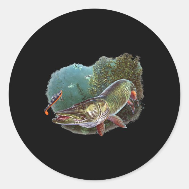 Pegatina Redonda Muskie Hunter Musky Fisherman Fly Fishing Lure Nov (Anverso)