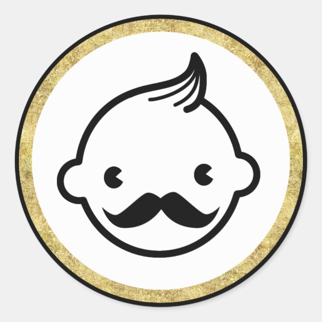 Pegatina Redonda Mustache Boy Modern Gold Border Baby Shower (Anverso)
