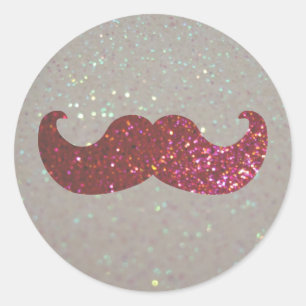 Pegatina Redonda Mustache de hongo rosa (gráfico falso Purpurina)