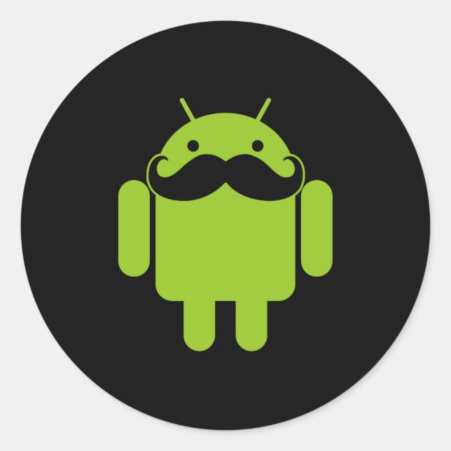 Pegatina Redonda Mustache del icono del robot android en negro (Anverso)