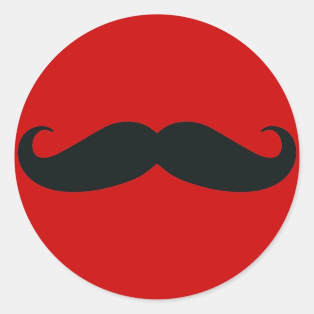 Pegatina Redonda Mustache negro con fondo rojo (Anverso)