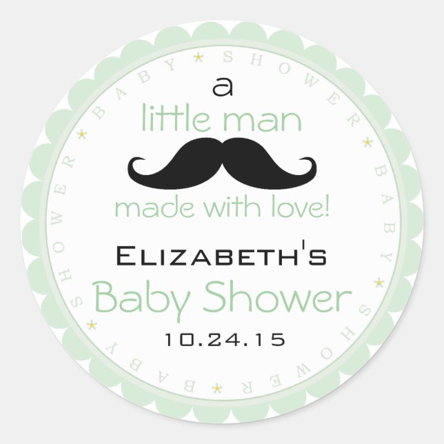 Pegatina Redonda Mustache Sage Green Baby Shower (Anverso)