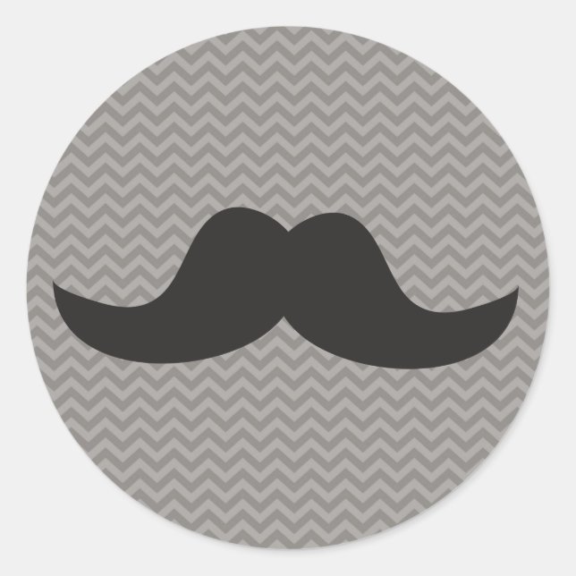 Pegatina Redonda Mustache sobre fondo de chevron gris (Anverso)