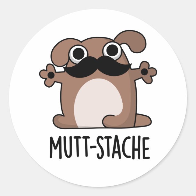 Pegatina Redonda Mutt-stache Divertido perro Mustache Pun (Anverso)