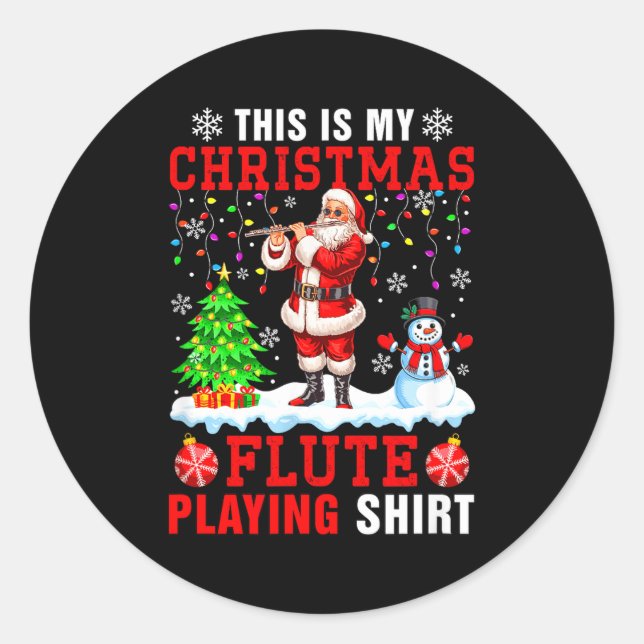 Pegatina Redonda My Christmas Flute Playing Shirt Santa Instrumenta (Anverso)