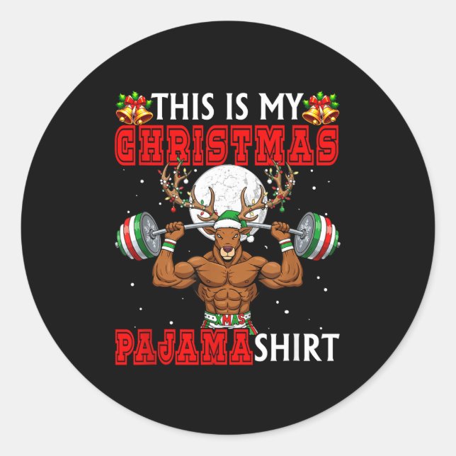 Pegatina Redonda My Christmas Pajama Shirt Reindeer Muscle Weightli (Anverso)