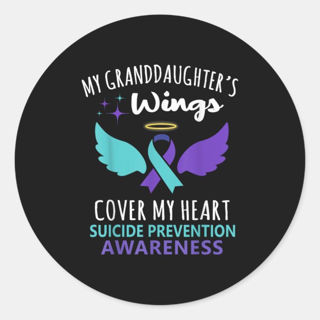 Pegatina Redonda My Granddaughters Wings Cover Heart Suicide Awaren (Anverso)