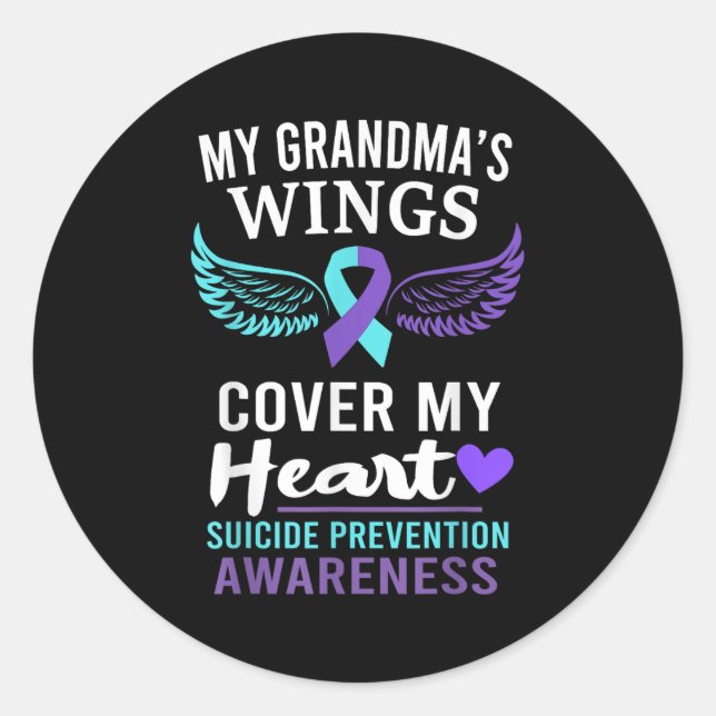 Pegatina Redonda My Grandma's Wings Cover Heart Suicide Awareness R (Anverso)