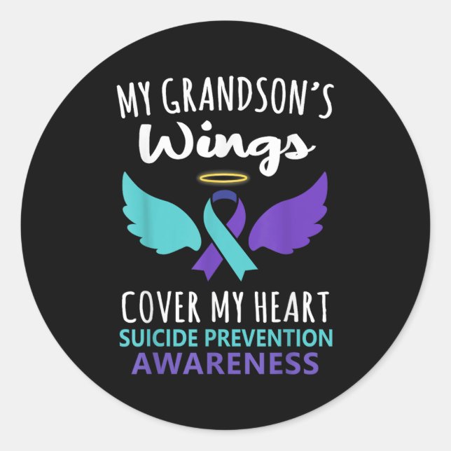 Pegatina Redonda My Grandson's Wings Cover Heart Suicide Awareness  (Anverso)