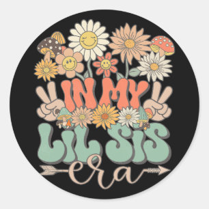 Pegatina Redonda My Lil Sis Era Floral Hippie Groovy Retro Little S
