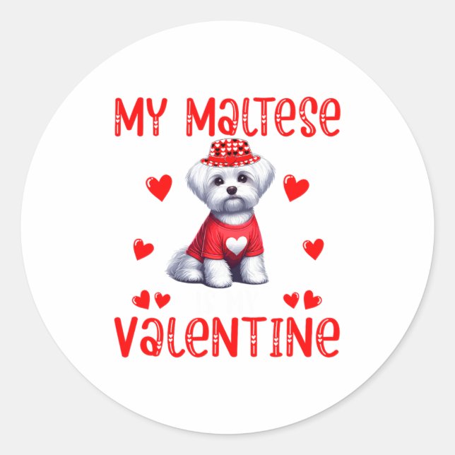 Pegatina Redonda My Maltese Is My Valentine Hearts Costume Single O (Anverso)