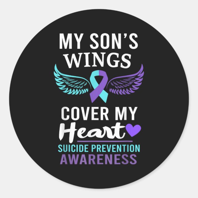 Pegatina Redonda My Son's Wings Cover Heart Suicide Awareness Ribbo (Anverso)