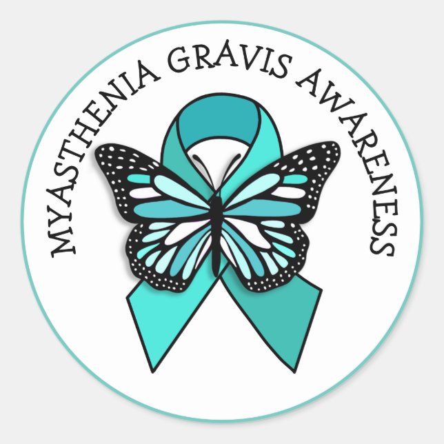 Pegatina Redonda Myasthenia Gravis Awareness Ribbon Butfly (Anverso)