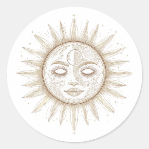 Pegatina Redonda Mystic Golden Sun Face – Celestial Spiritual