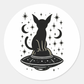 Pegatina Redonda Mystical Cat on UFO with Stars & Moons
