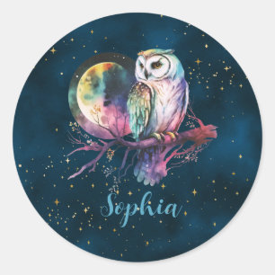 Pegatina Redonda Mystical Rainbow Owl y Full Moon Celestial