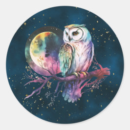Pegatina Redonda Mystical Rainbow Owl y Full Moon Celestial